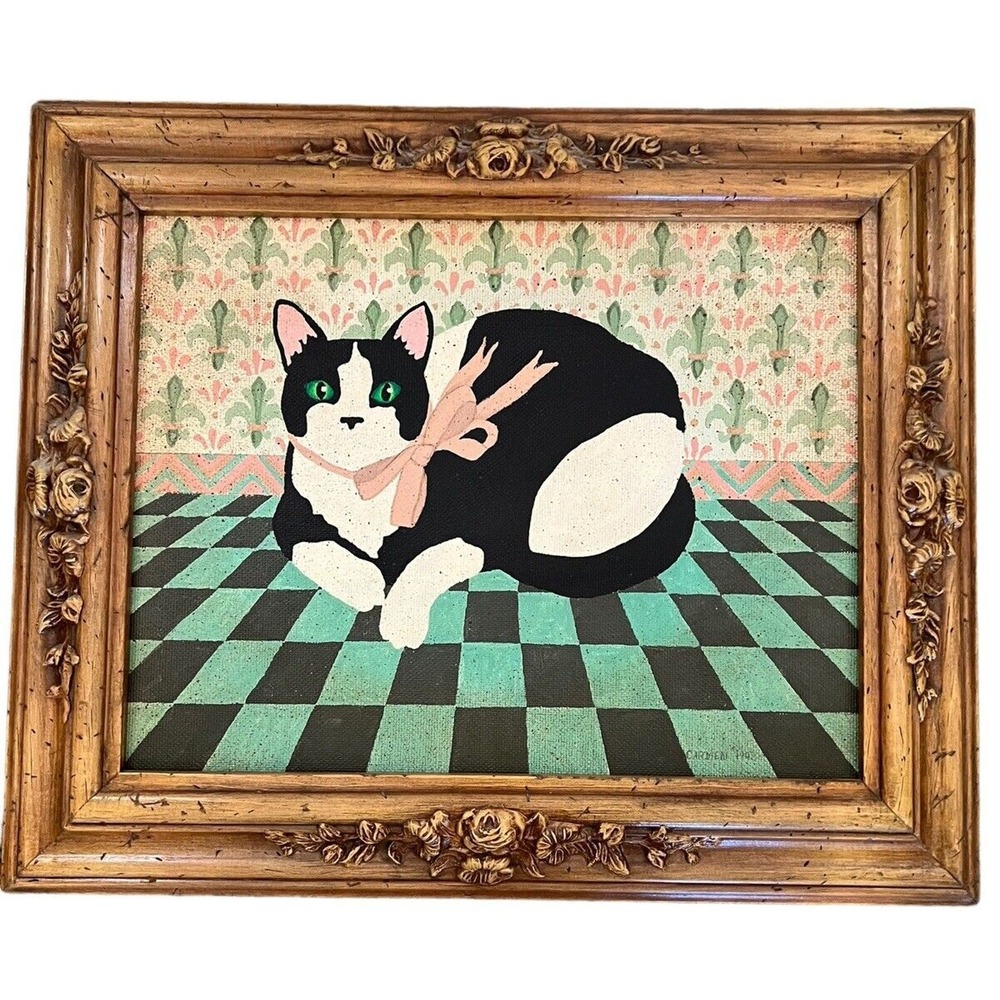 Vintage Carmen 1993 Signed Tuxedo Cat Folk Art Painting Ornate Gold Frame 23x19
